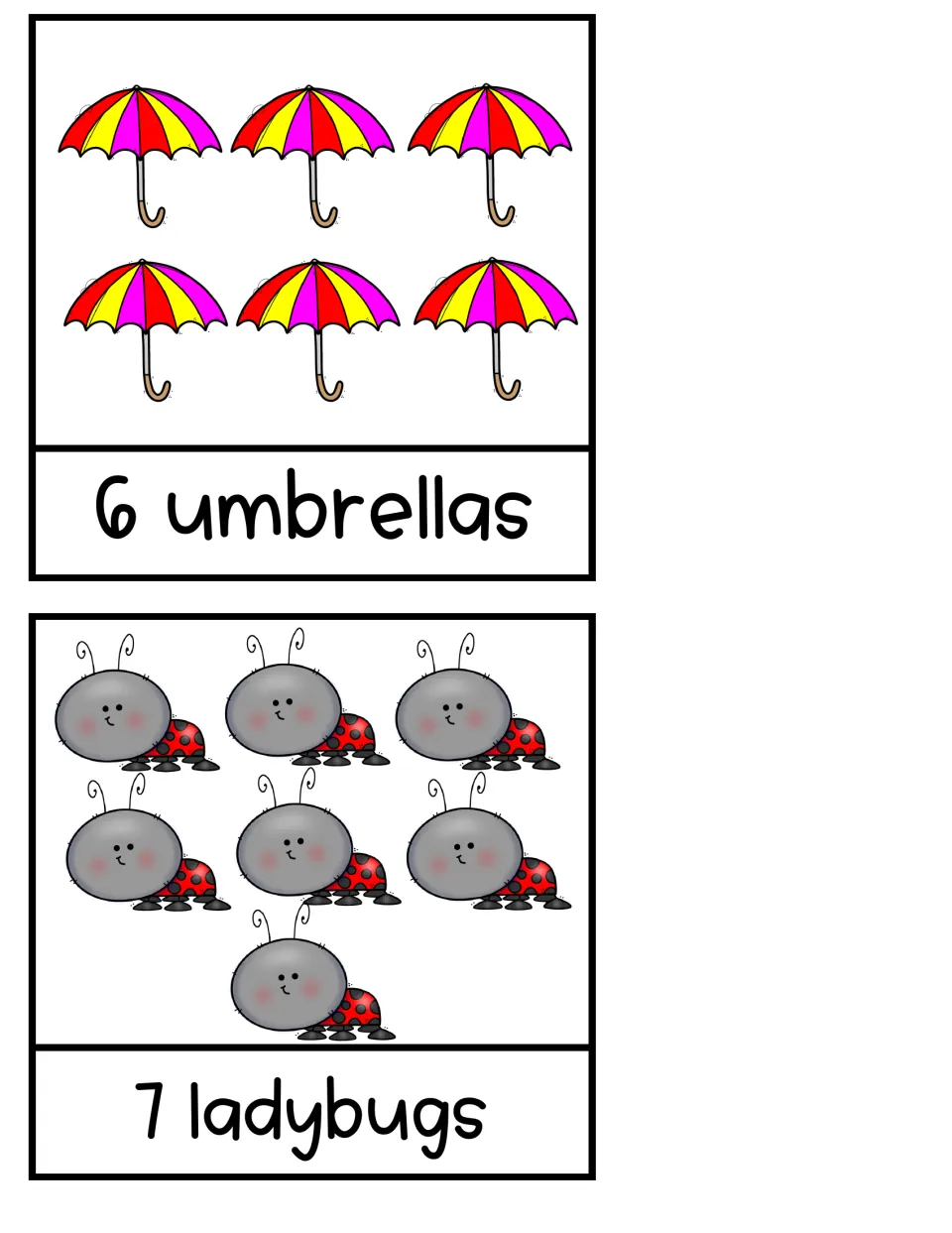 Counting pages for 6 and 7: children count 6 striped umbrellas and 7 ladybugs, matching each group to the printed number