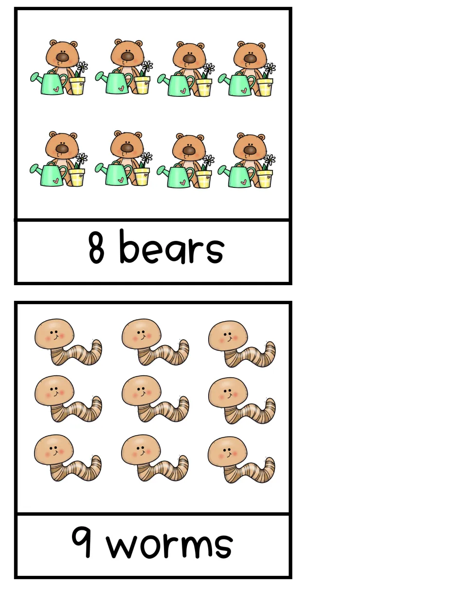 Counting pages for 8 and 9: children count 8 bears with watering cans and 9 worms in rows, linking quantity to numeral