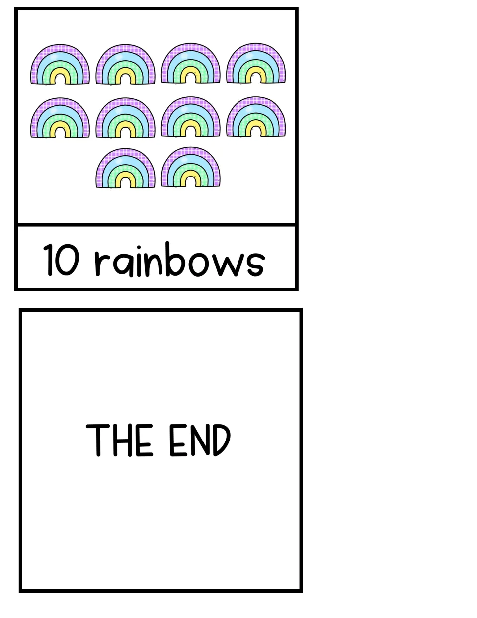 Final counting page with 10 pastel rainbows to count, followed by a closing page that reads THE END