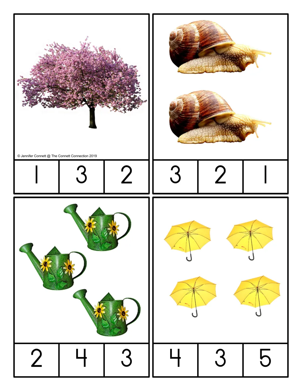 Counting 1 to 4 clip cards: students count a blossom tree, snails, watering cans and umbrellas, then clip the number