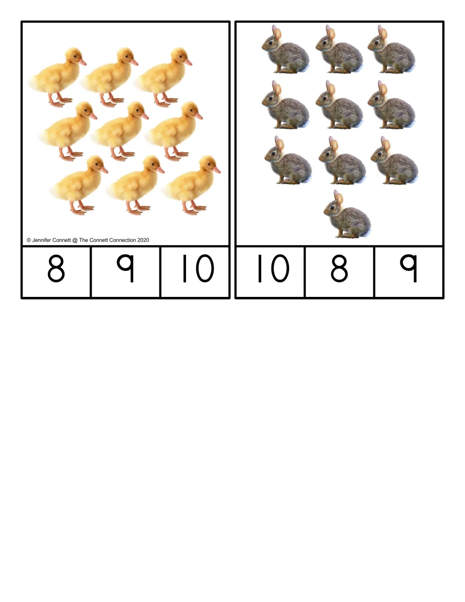 Counting 9 and 10 clip cards: students count ducklings and bunnies, then clip the right number from 8, 9 or 10