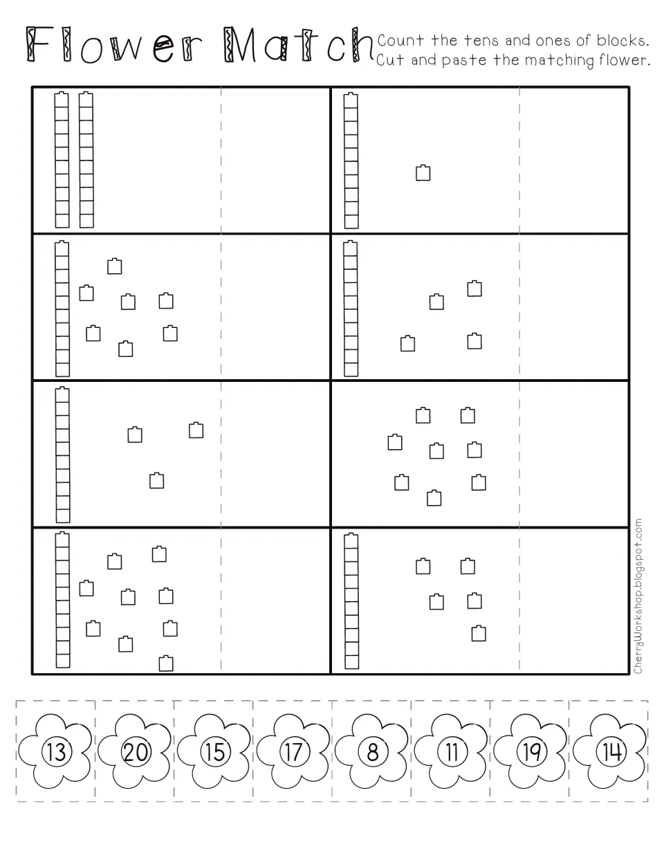 Flower Match place value: students count tens rods and ones blocks, then cut and paste the matching numbered flower