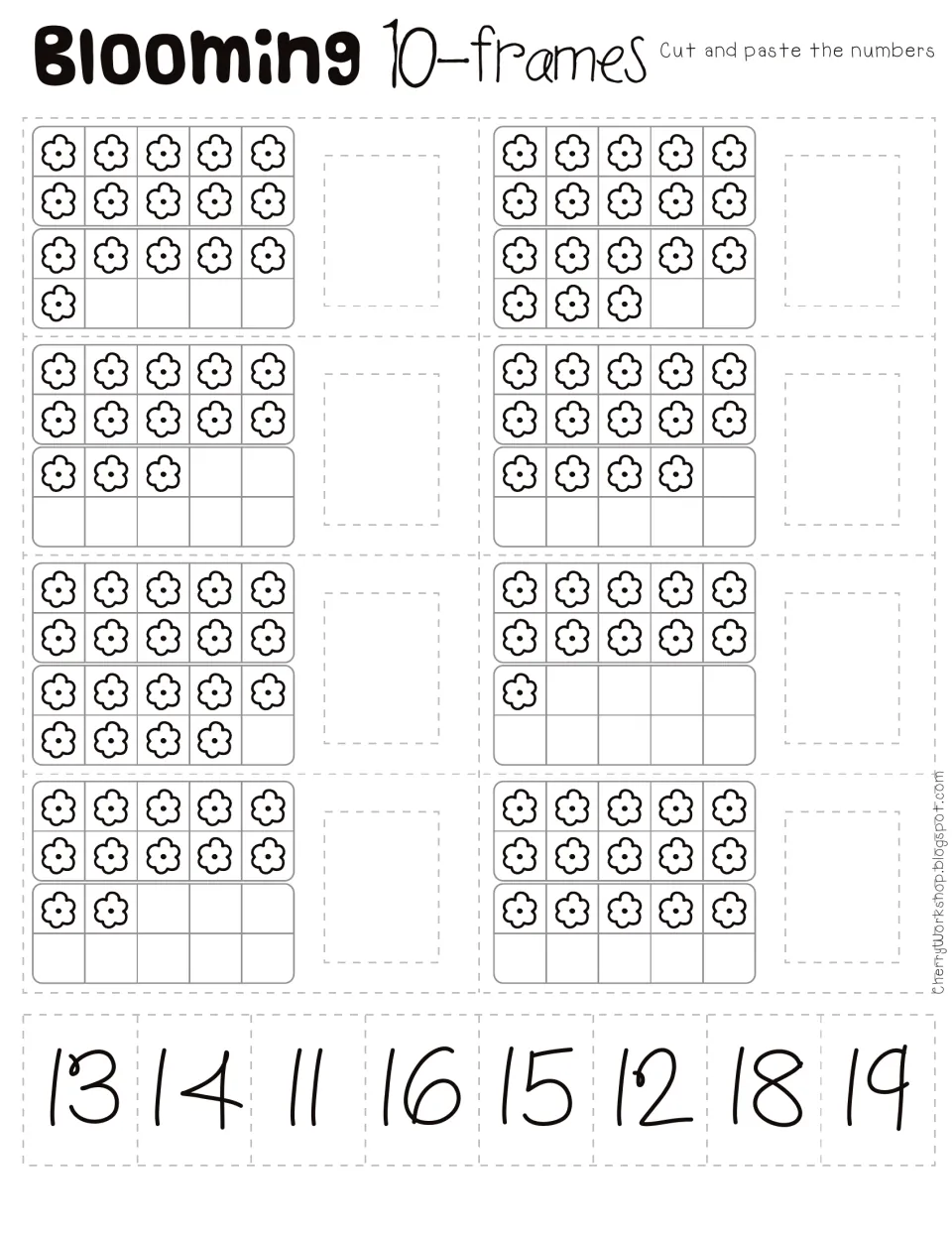 Blooming 10-frames: students count flowers in double ten frames and cut and paste the matching number from 11 to 19