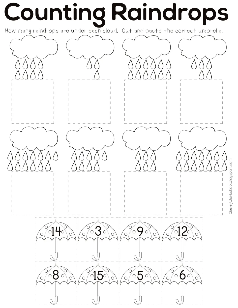 Counting Raindrops: students count the raindrops under each of 8 clouds and cut and paste the umbrella with that number