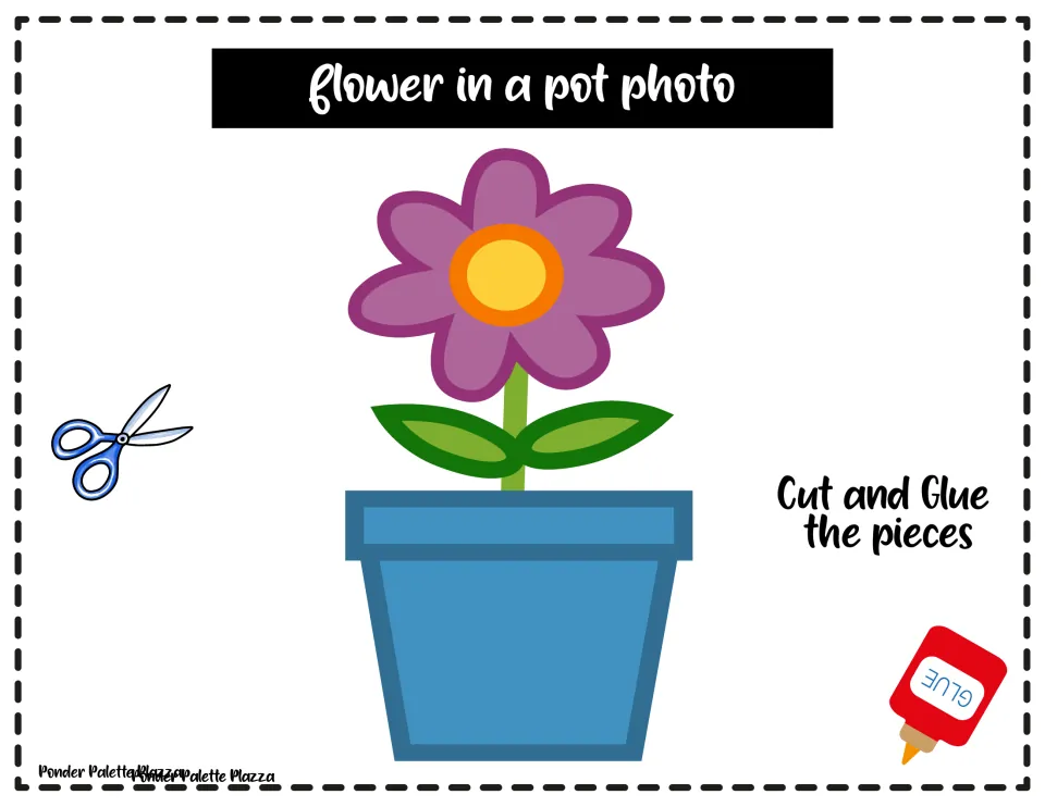 Flower in a pot photo: finished model of a purple flower with leaves in a blue pot, plus a cut and glue reminder