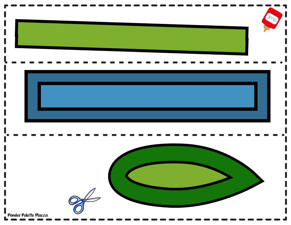 Color craft pieces: students cut out a long green stem, the blue pot rim and one green leaf to glue onto the pot base