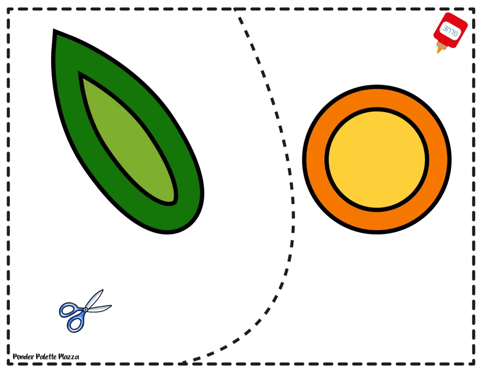 Color leaf and center pieces: students cut out a second green leaf and the round orange and yellow flower center