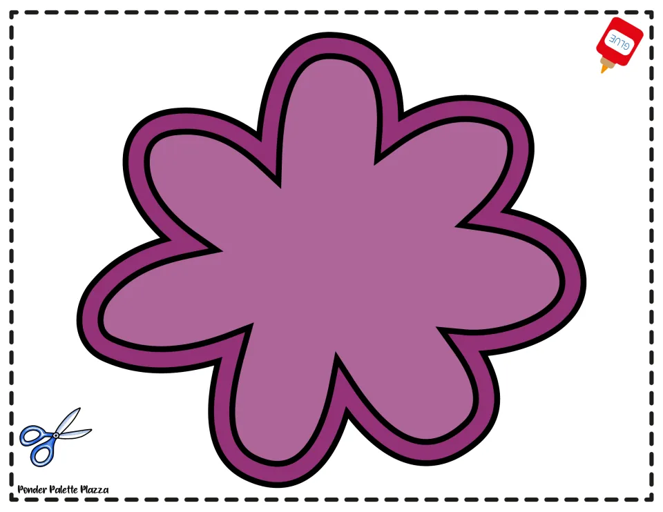 Color flower piece: students cut out the large purple six-petal flower head and glue it above the stem and pot to finish