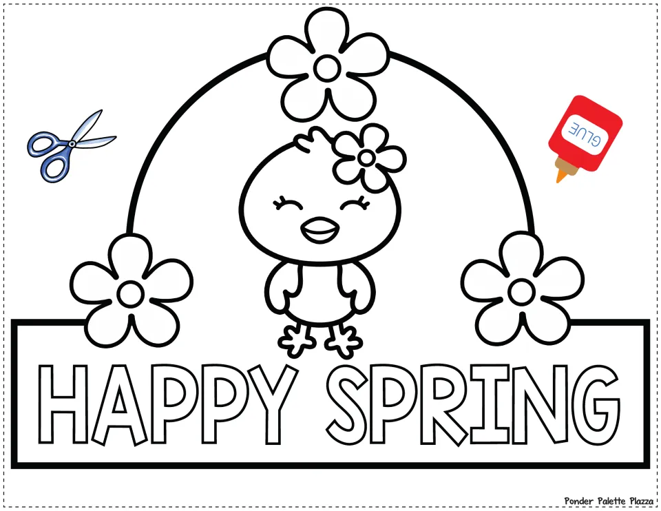Black-and-white spring crown front for coloring and cutting, featuring a chick, flowers, and 'HAPPY SPRING'