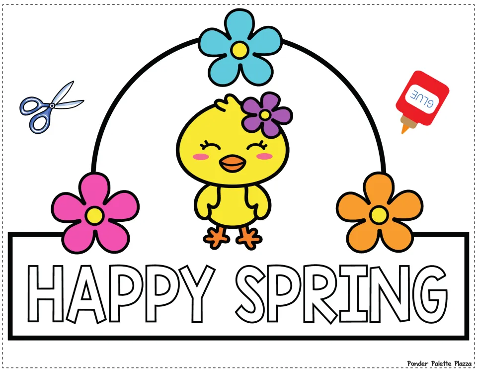 Color spring crown front for cutting and gluing, featuring a yellow chick, flowers, and 'HAPPY SPRING'