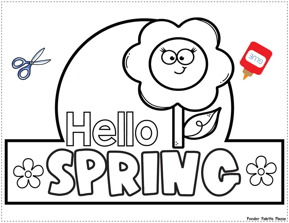 Black-and-white spring crown front for coloring and cutting, featuring a smiling flower and 'Hello SPRING'