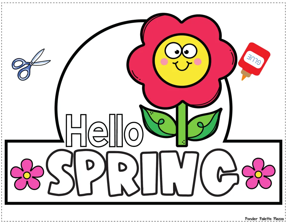 Color spring crown front for cutting and gluing, featuring a pink flower with green leaves and 'Hello SPRING'