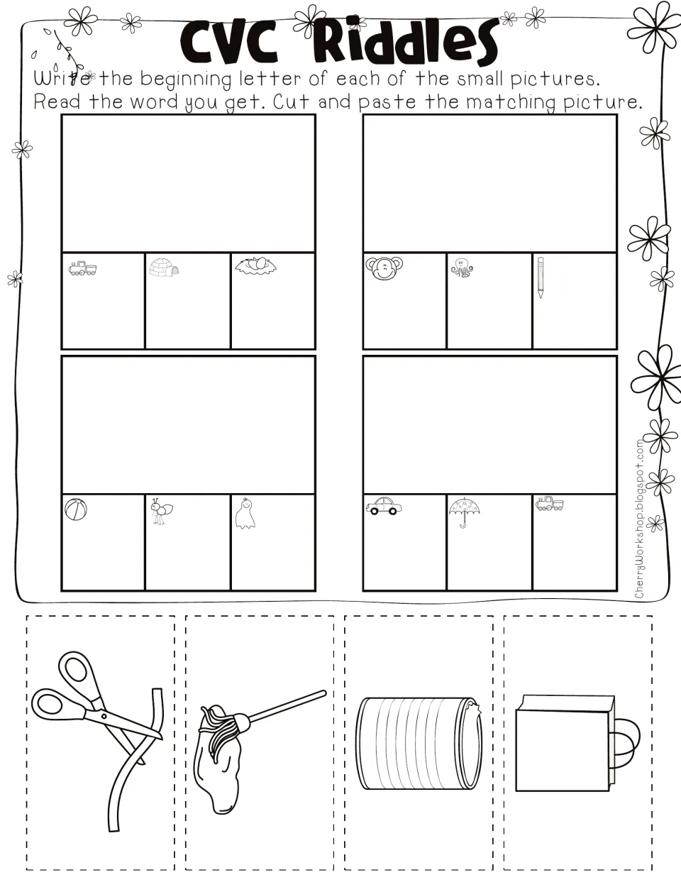 CVC riddles: students blend first sounds of 3 pictures to read tin, mop, bag and cut, then paste the matching picture