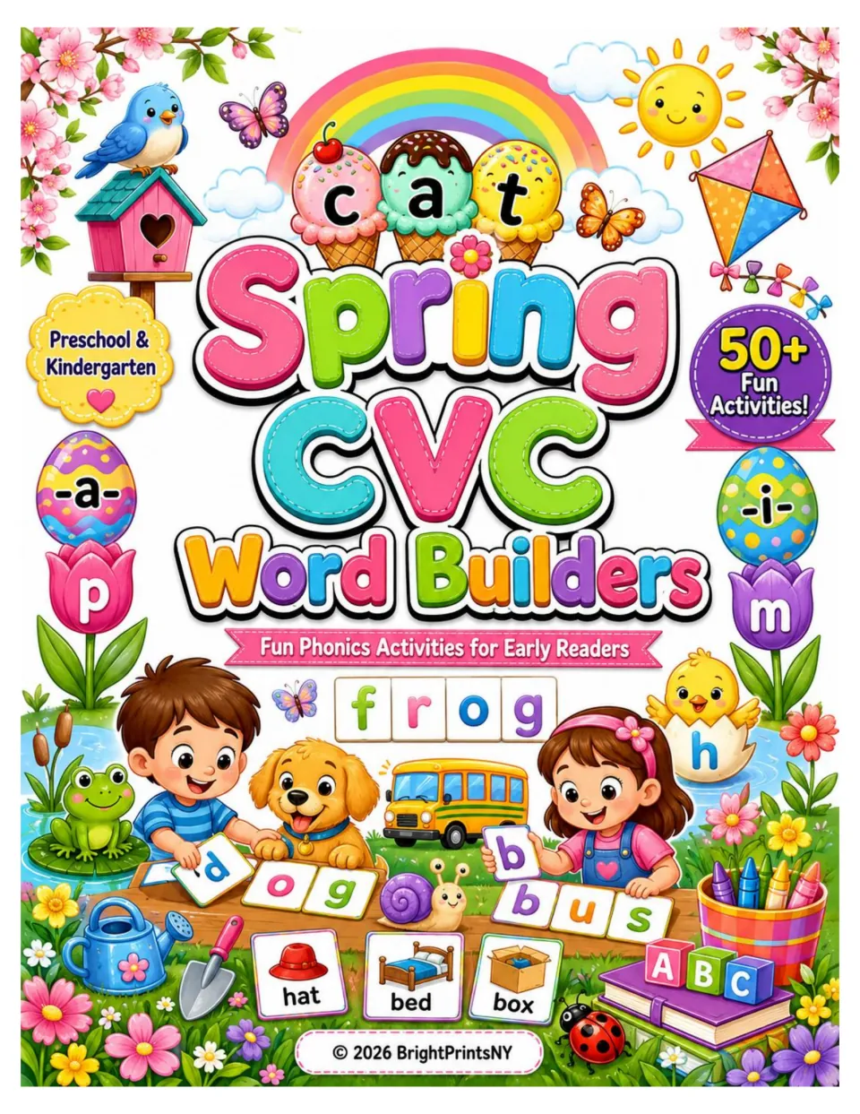 Spring CVC Word Builders cover: phonics activities for early readers, with letter tiles spelling cat, frog and bus