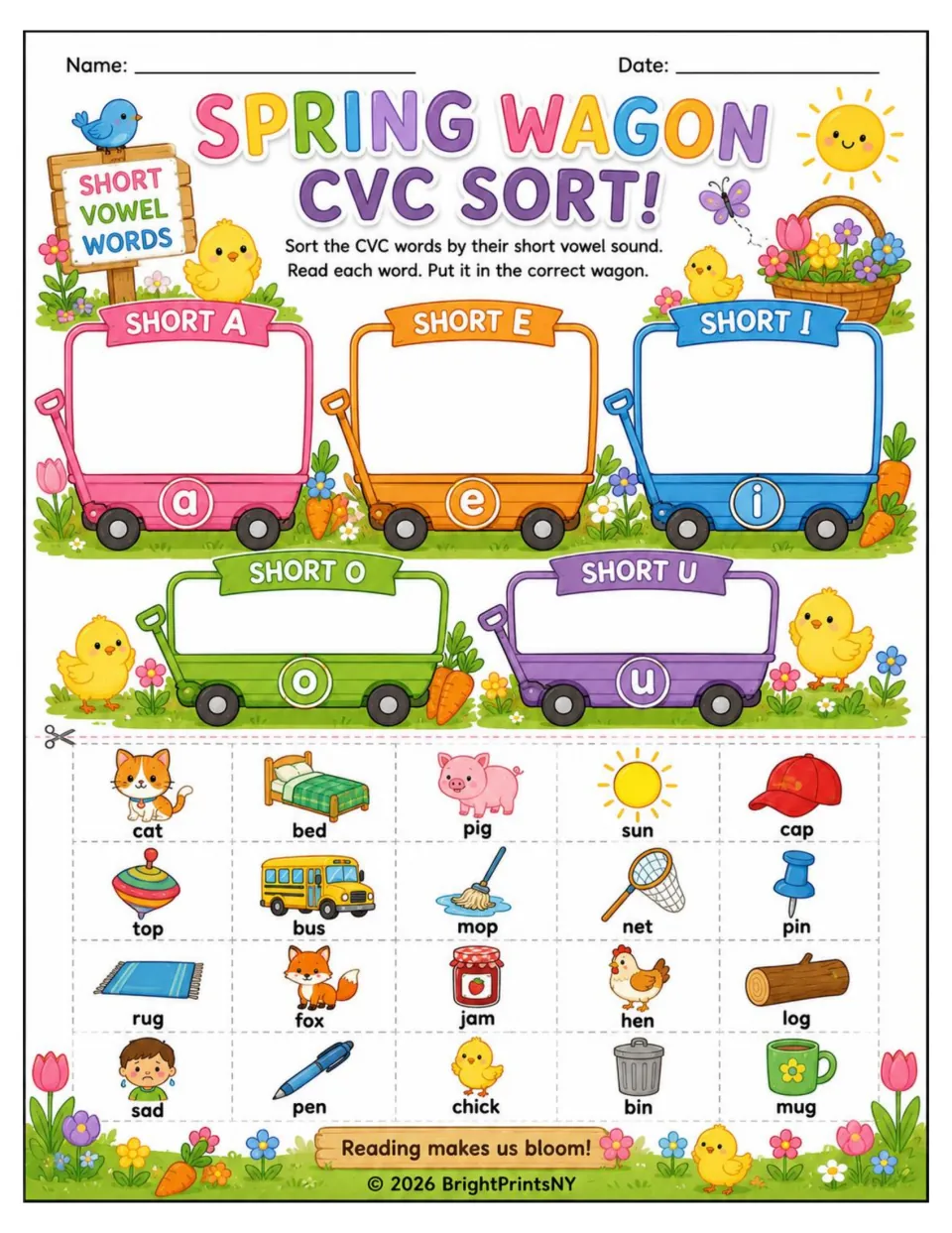Spring Wagon CVC Sort: students cut out 20 picture words such as cat, bed and pig and sort them by short vowel sound
