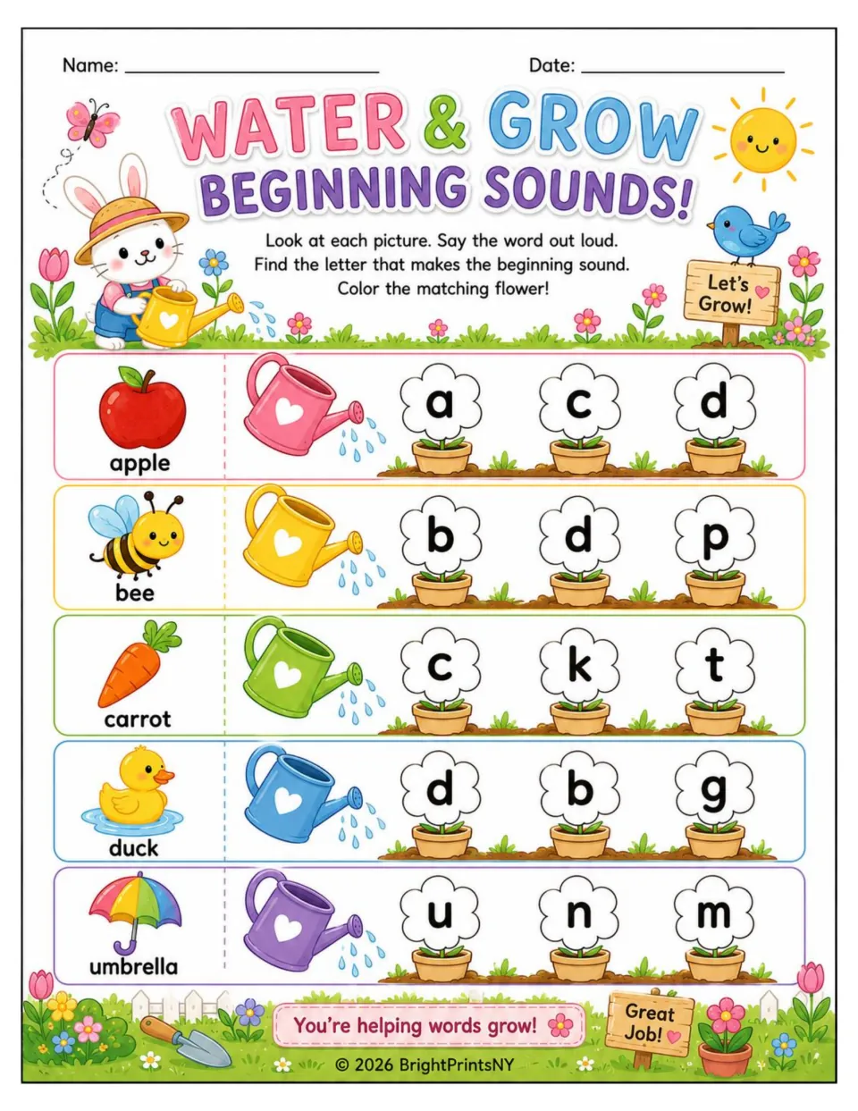 Water & Grow Beginning Sounds: students say apple, bee, carrot, duck and umbrella, then color the starting letter