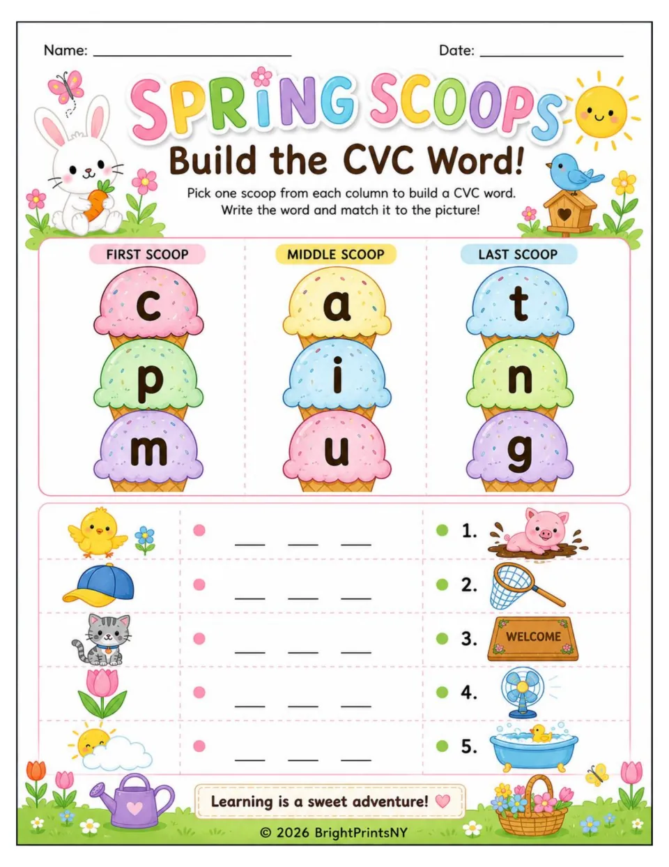 Spring Scoops CVC words: students combine letter scoops to write five words, then match each word to a picture