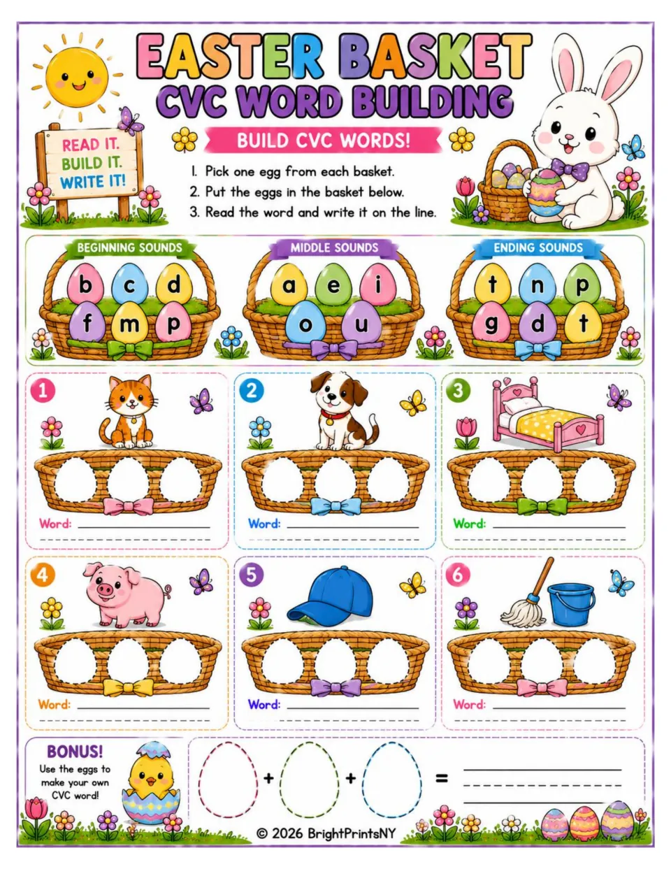 Easter Basket CVC word building: students pick a letter egg from each basket to spell cat, dog, bed, pig, cap and mop