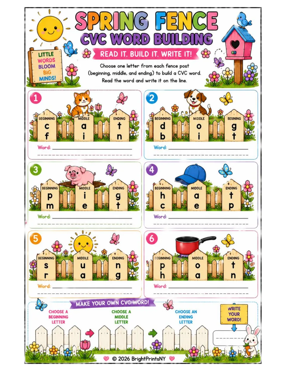 Spring Fence CVC word building: students choose a letter on each fence post to spell six picture words like cat and dog