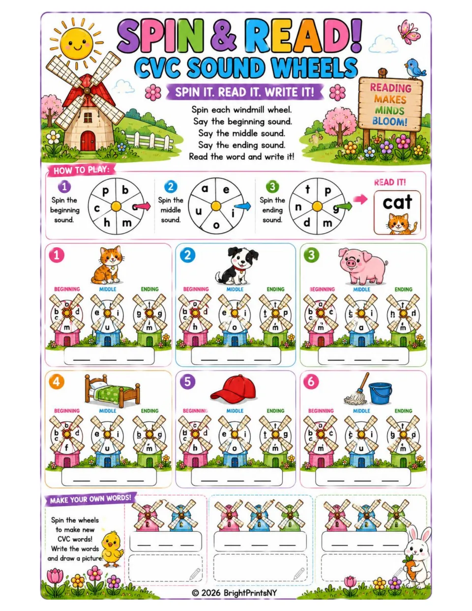 Spin & Read CVC sound wheels: students spin windmill wheels for each sound, then blend, read and write six words