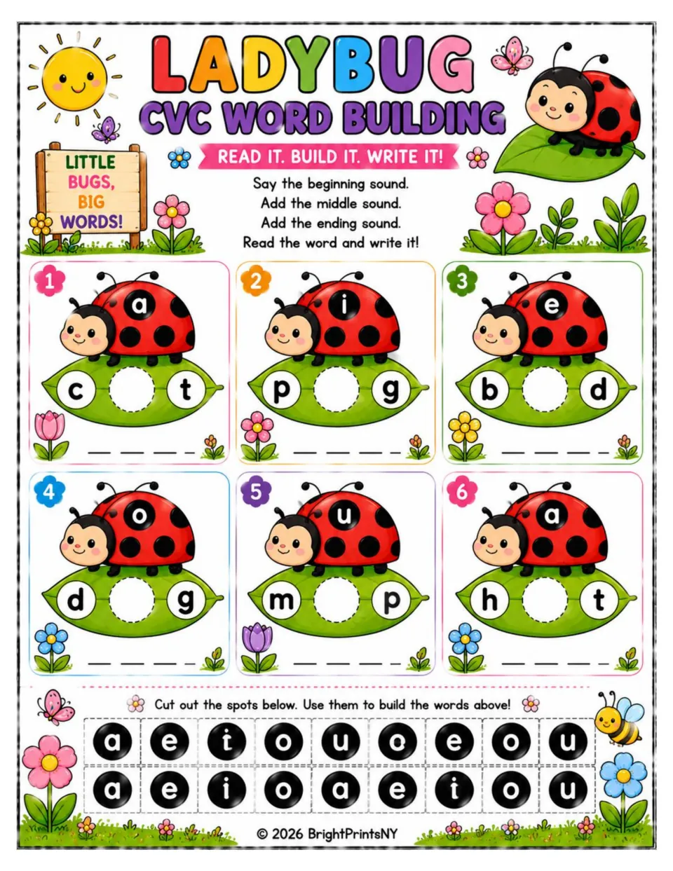 Ladybug CVC word building: students cut out vowel spots to add the middle sound to six words like cat, pig and bed