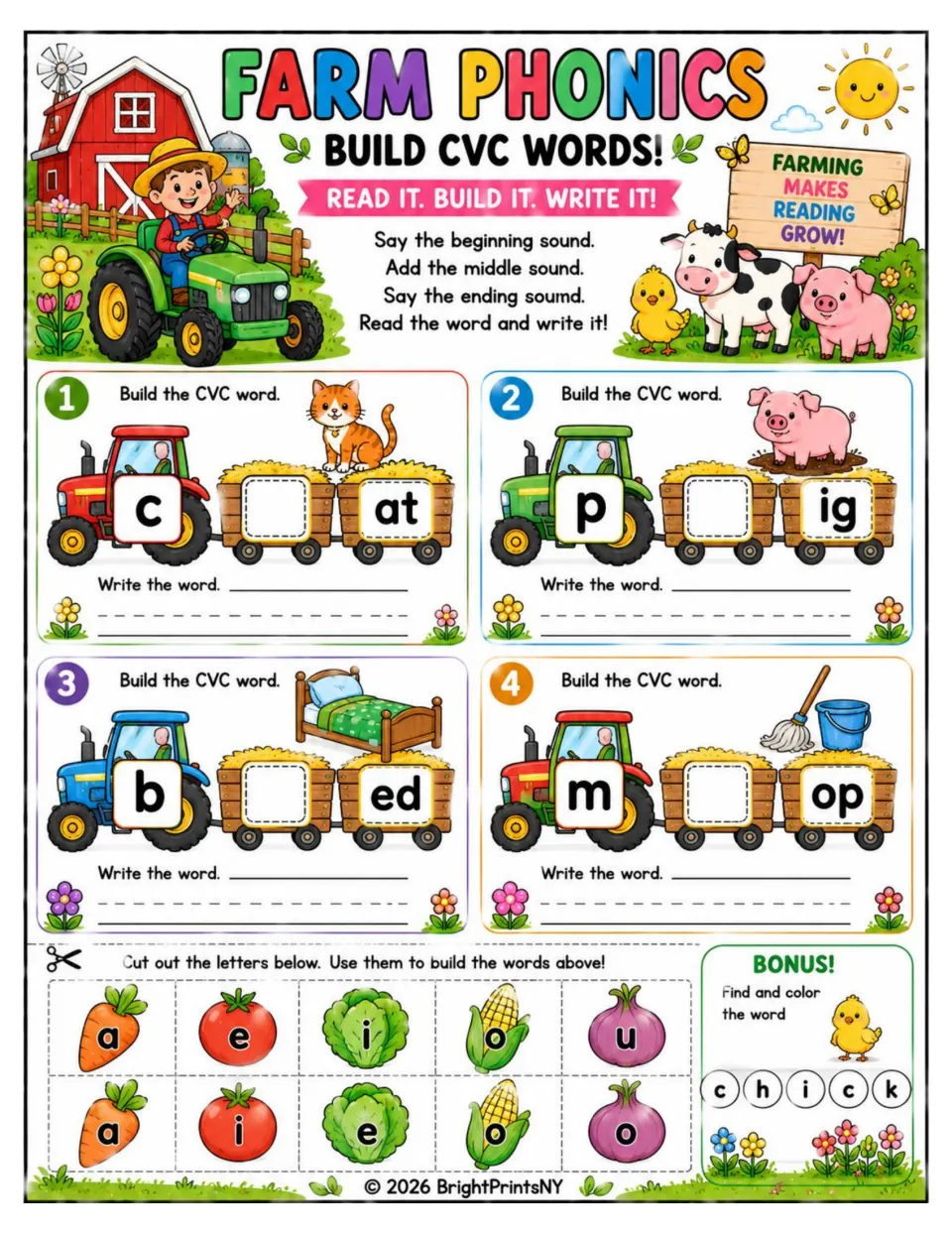 Farm Phonics: students cut out vegetable vowels to complete cat, pig, bed and mop on tractor carts