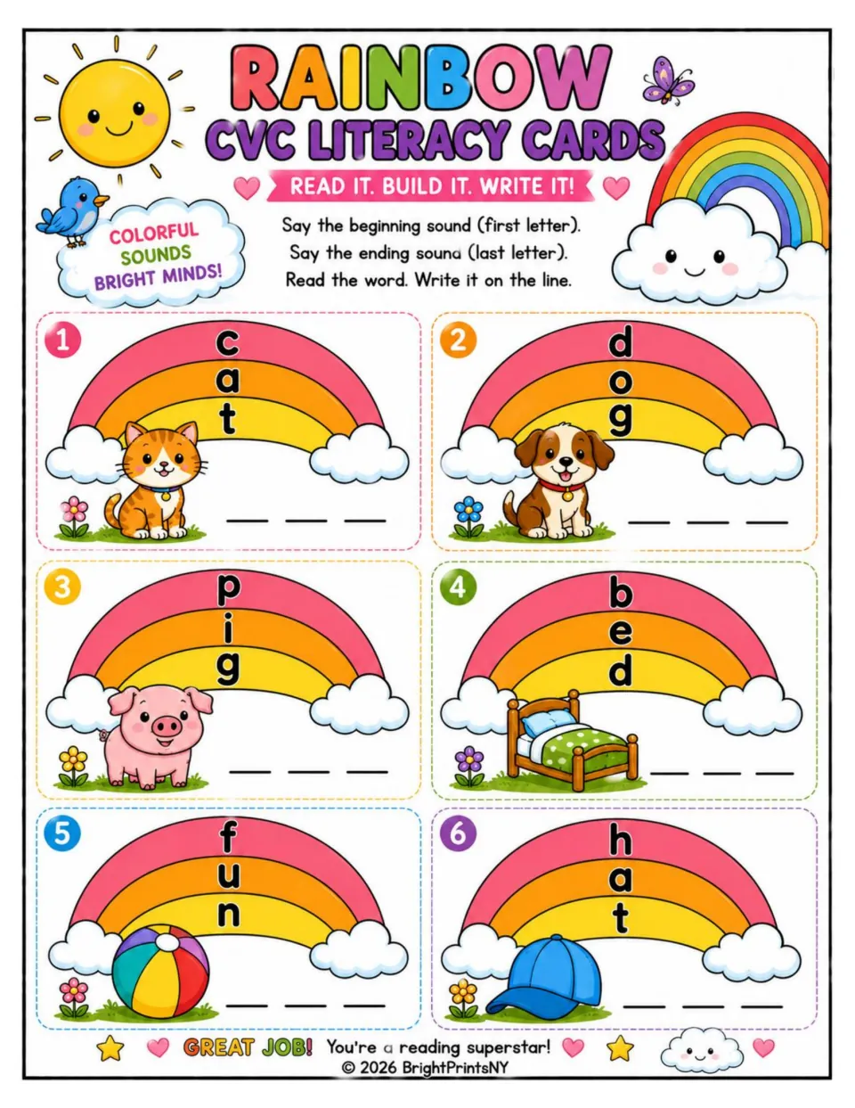 Rainbow CVC Literacy Cards: students read cat, dog, pig, bed, fun and hat on six rainbow cards and write each word