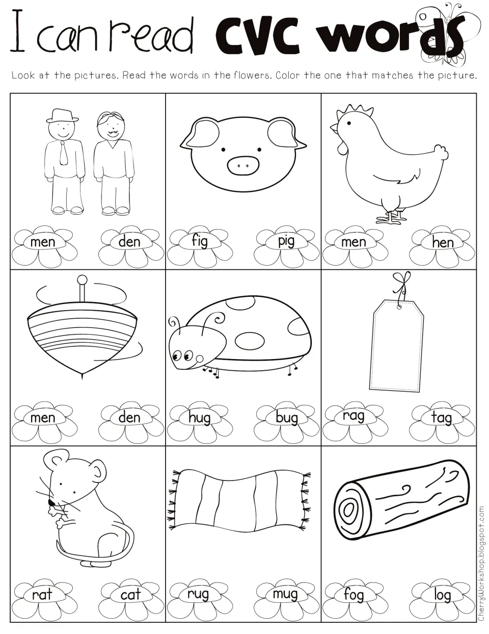 I can read CVC words: students read two flower words under each of 9 pictures, like pig, hen and bug, and color the match