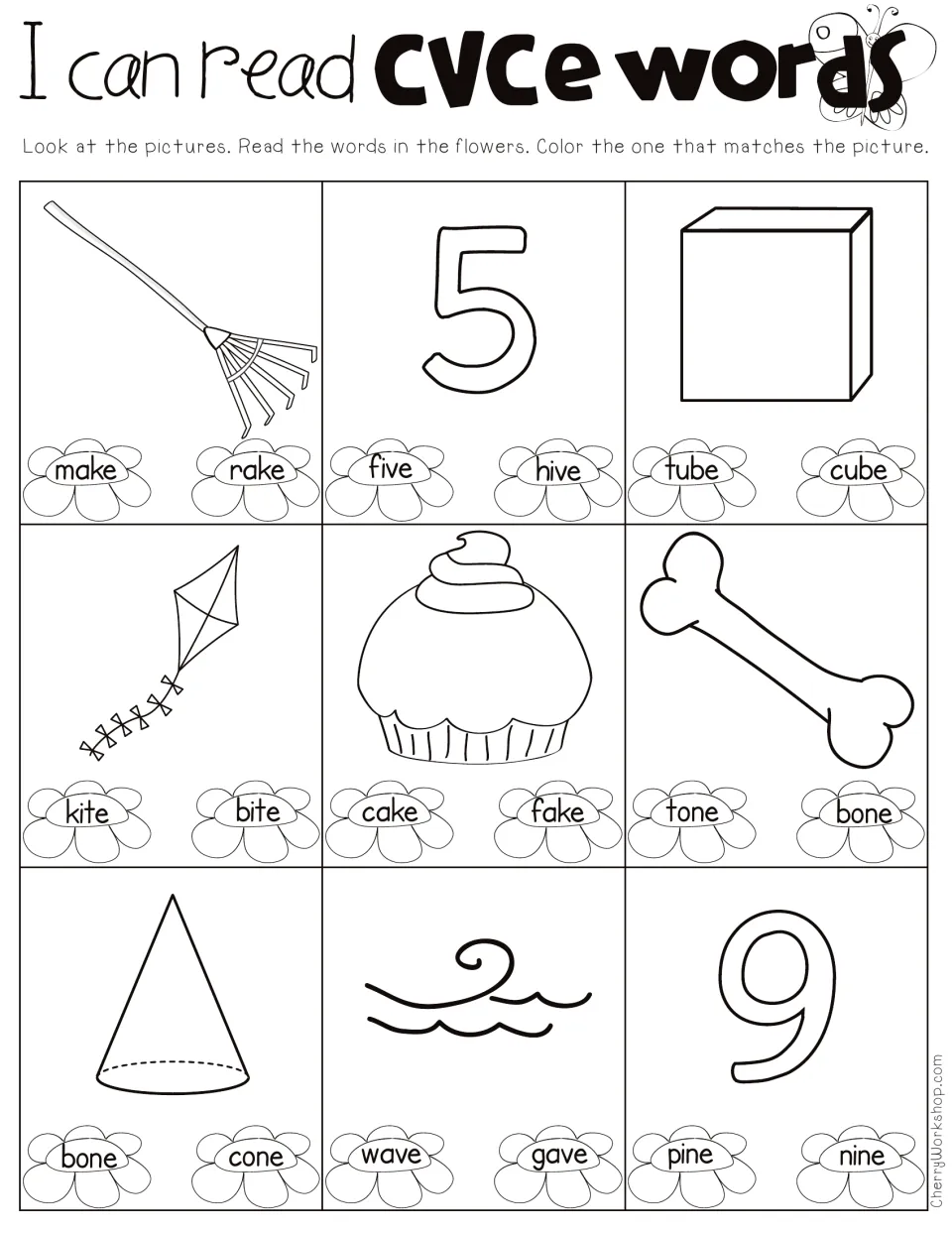 I can read CVCe words: students read two flower words under each of 9 pictures, like rake or cube, and color the match