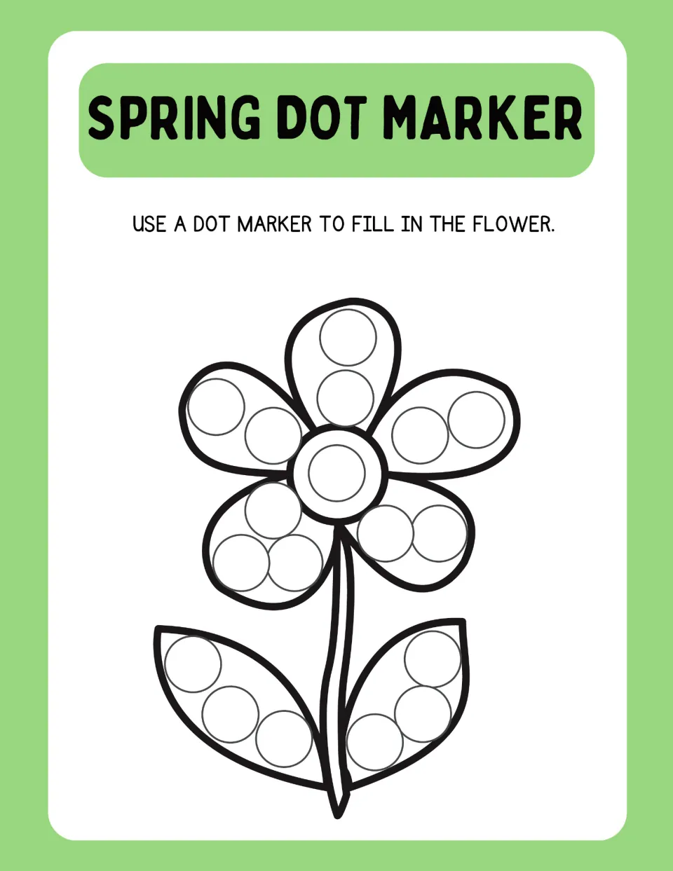 Five-petal flower with stem and two leaves: students stamp a dot marker in each circle on the petals, center and leaves