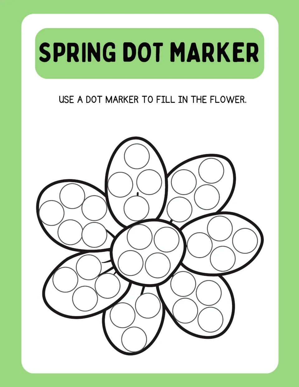 Large eight-petal flower with no stem: students dab a dot marker into the dot targets on each oval petal and the center