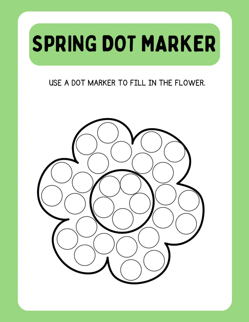 Scalloped flower packed with dots: children use a dot marker to fill the outer petals and the five dots in the center