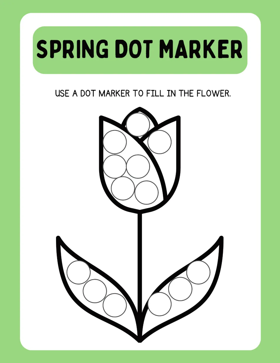 Tulip with a tall stem and two leaves: children dab a dot marker on the seven dots in the bloom and three dots on each leaf