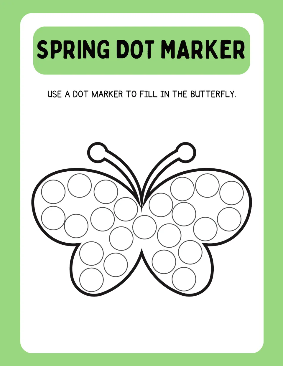 Rounded butterfly with curled antennae: children press a dot marker onto the dots spread across both wings and the middle