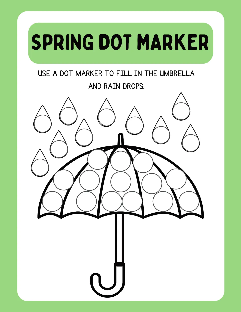 Open umbrella under falling rain: children dab a dot marker on the dots across the canopy and inside each of the raindrops