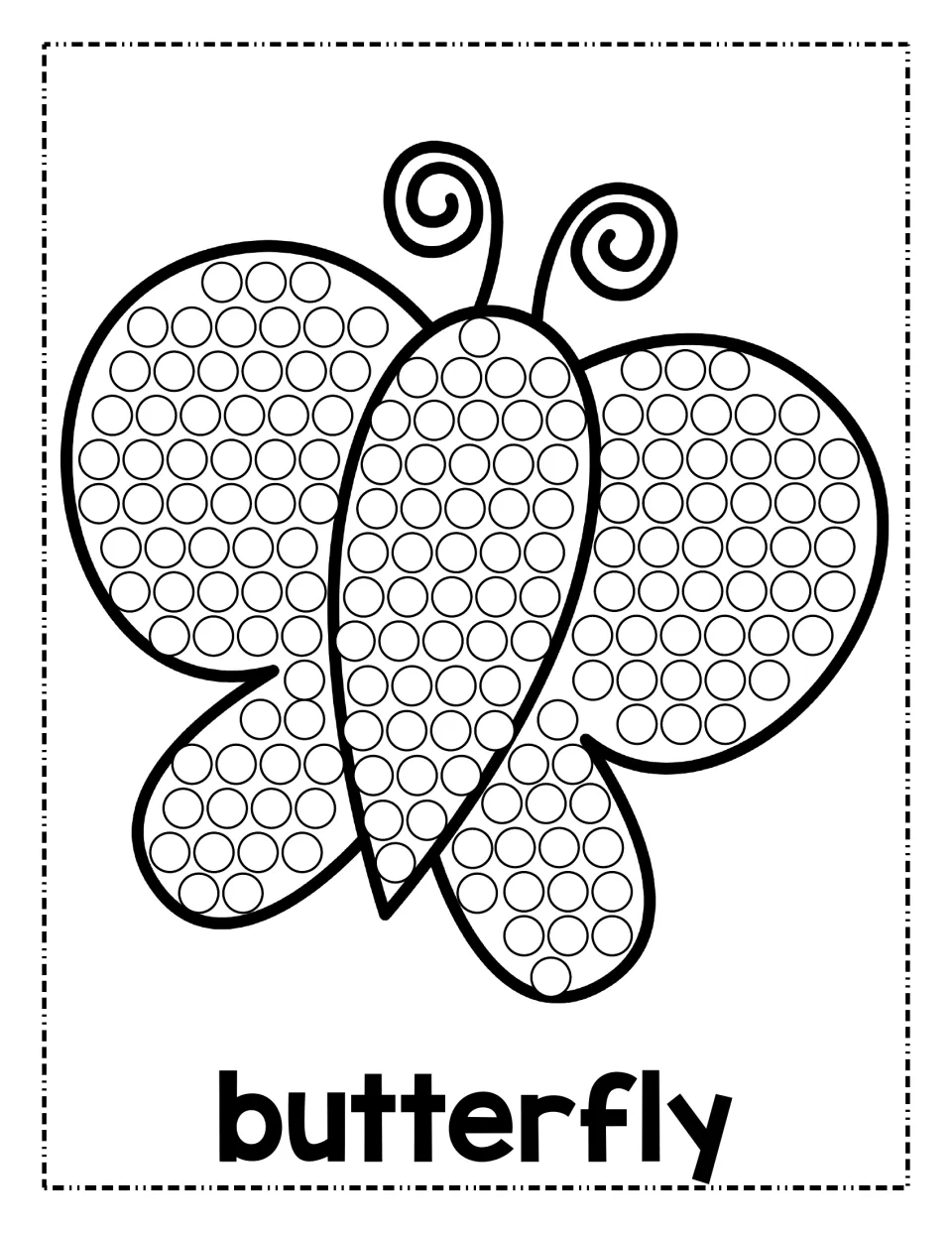 Butterfly dot page: children stamp a dot marker in each circle on the wings and body, labeled with the word butterfly