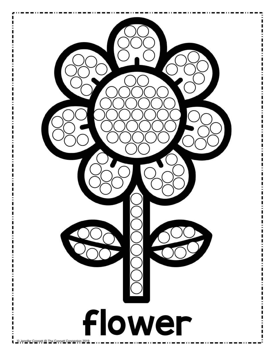 Daisy on a long stem with two leaves: students fill each small circle on the petals, center and stem using a dot marker