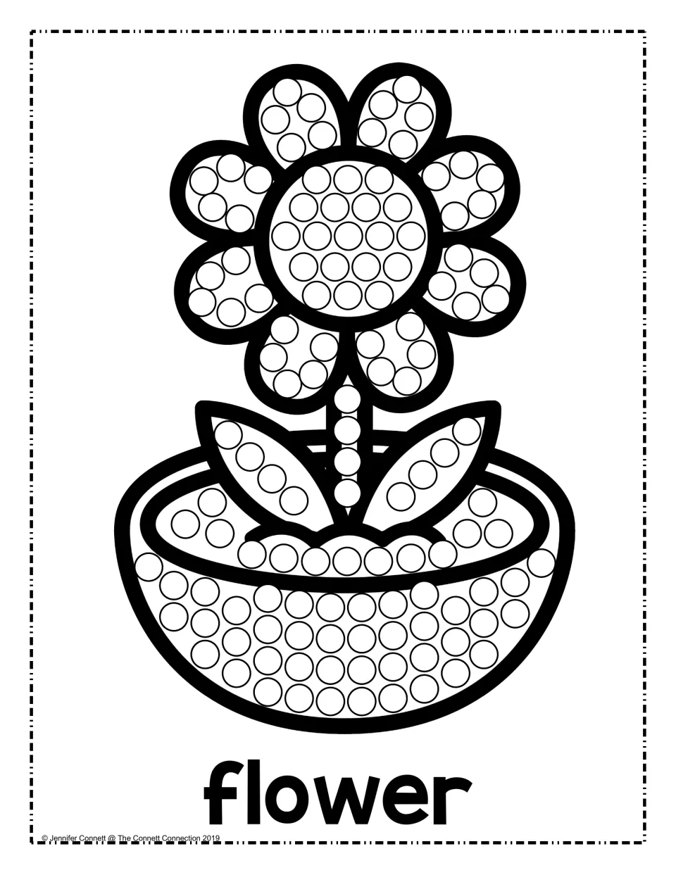Potted flower in a round bowl: learners press a dauber onto each circle across the petals, leaves and pot, labeled flower