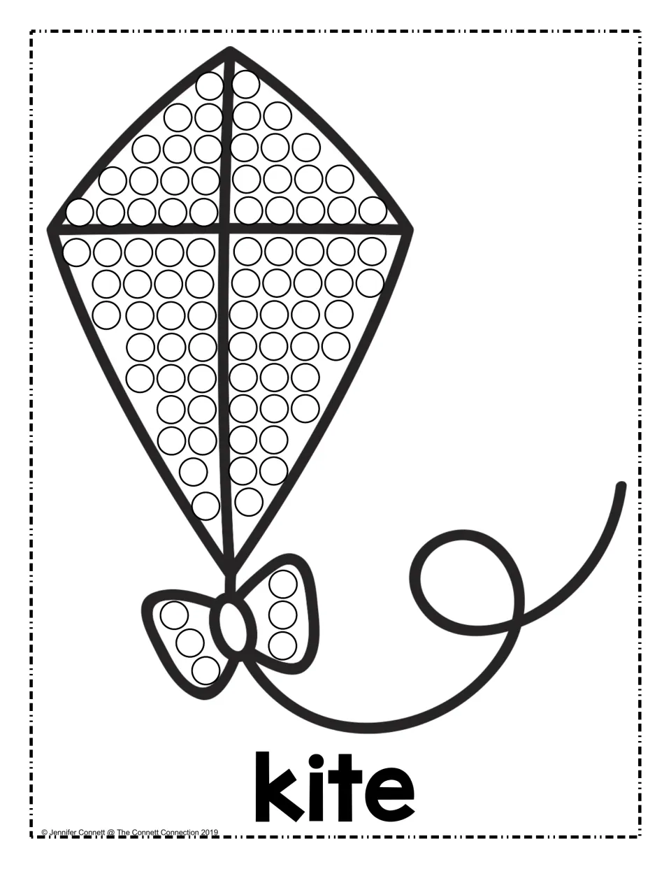 Kite with a bow and curly string: kids dot every circle on the four kite sections and the bow, with the word kite below