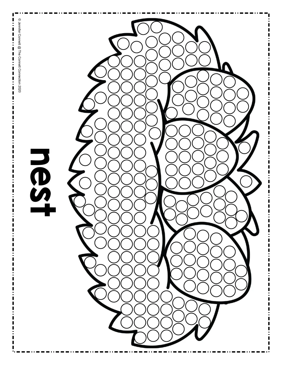 Bird nest holding four eggs, printed sideways: children stamp paint in the circles on the twigs and eggs, labeled nest