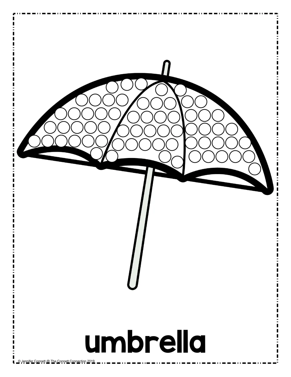 Open umbrella with a tall handle: students fill the circles on its three canopy panels using dot markers; word umbrella