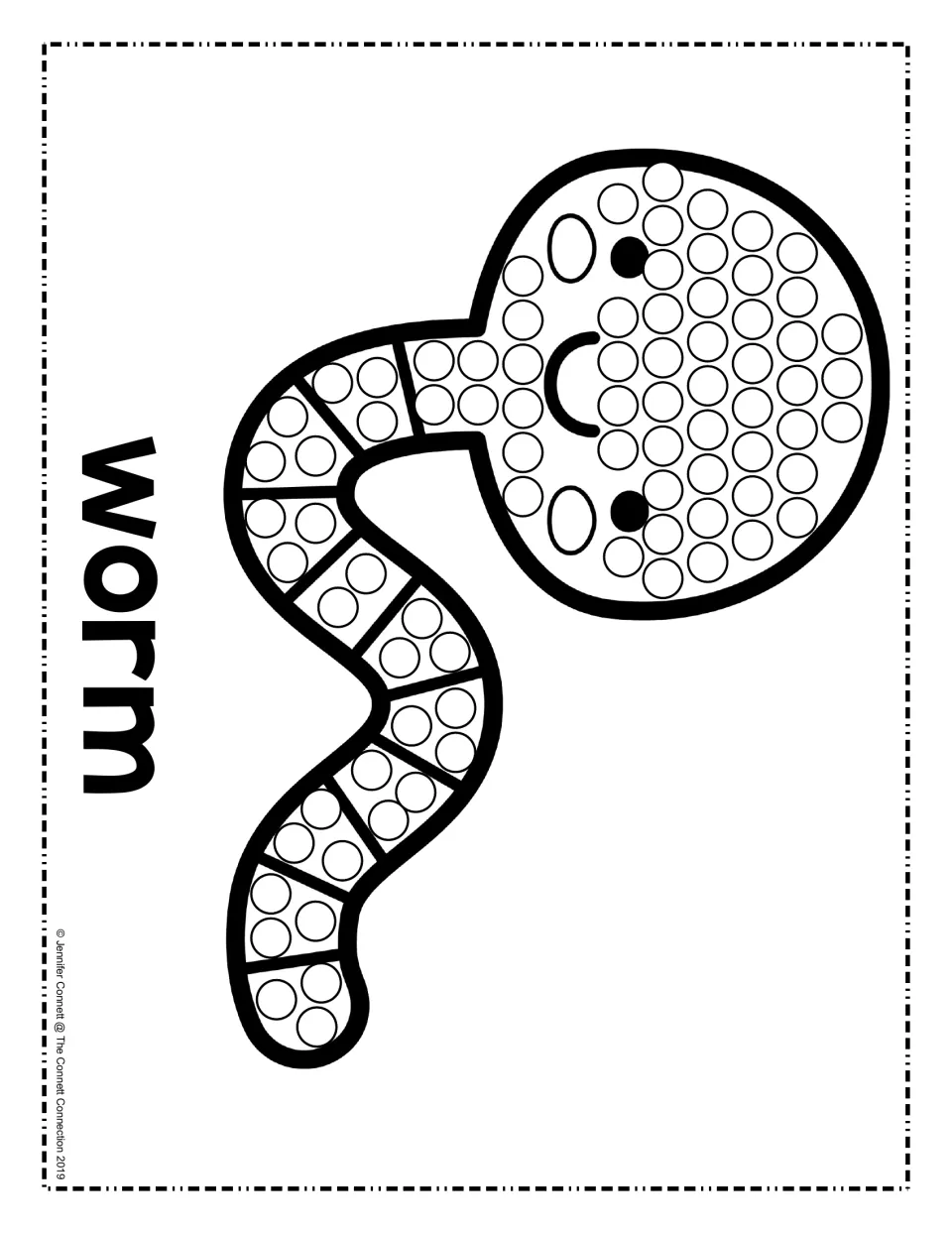 Smiling worm, shown sideways: kids dab a dot in each circle on its round head and segmented body, with the word worm
