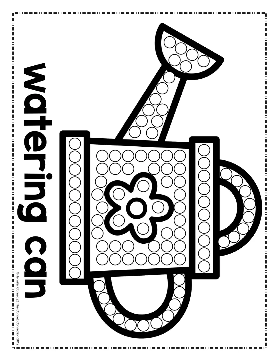 Watering can decorated with a flower: learners dot each circle on the spout, body, sides and handles; word watering can