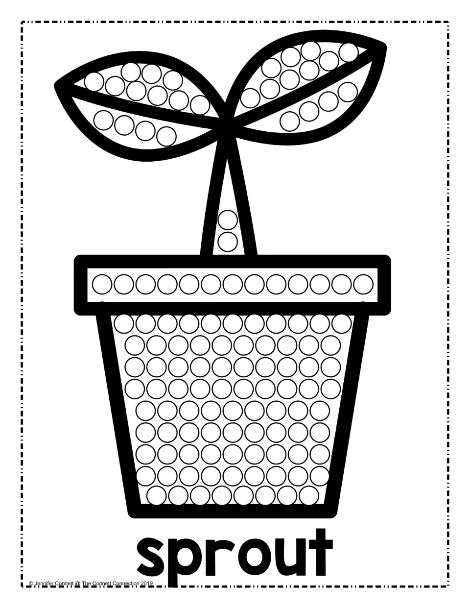 Sprout with two leaves growing in a pot: children stamp paint into each circle on the leaves, stem and pot; word sprout