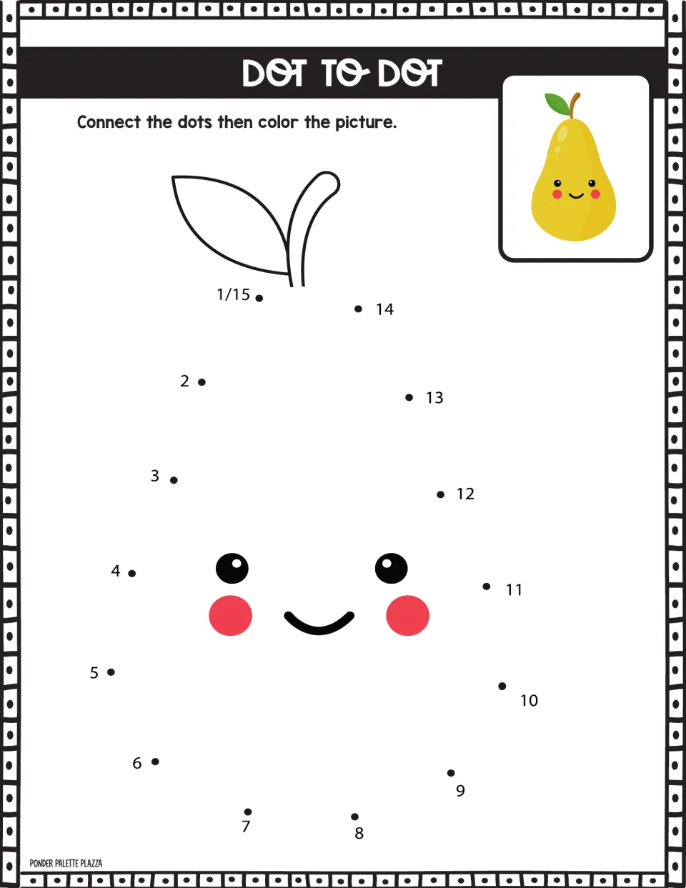 Pear dot to dot: students connect dots 1 to 15 to outline a smiling pear, then color it to match the sample