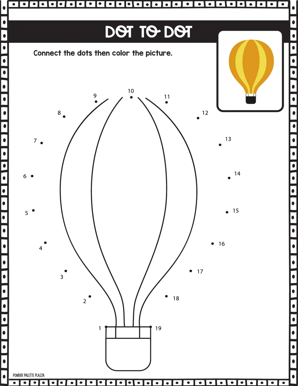 Hot air balloon dot to dot: students join dots 1 to 19 to draw the balloon's outline, then color it yellow and orange