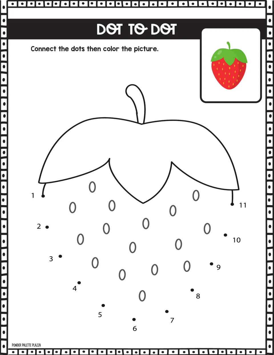 Strawberry dot to dot: students connect dots 1 to 11 to finish the outline under its leaves, then color it red