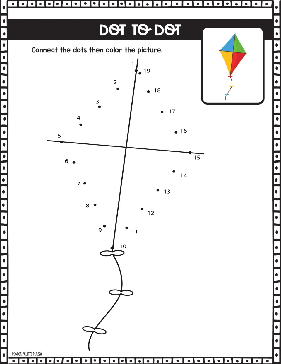 Kite dot to dot: students join dots 1 to 19 to form a diamond kite with a bow tail, then color it like the sample