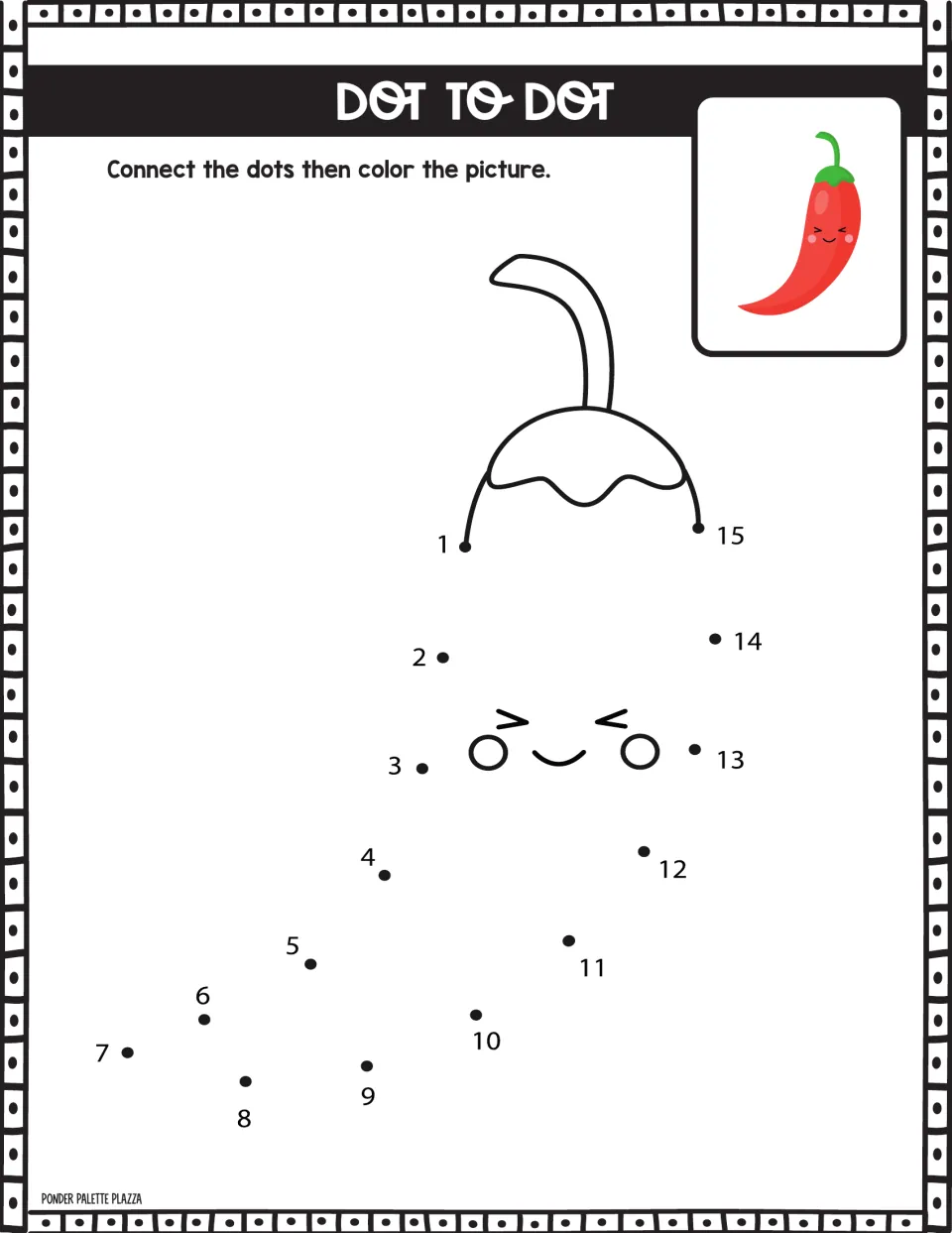 Chili pepper dot to dot: students connect dots 1 to 15 to draw a smiling pepper under its stem, then color it red