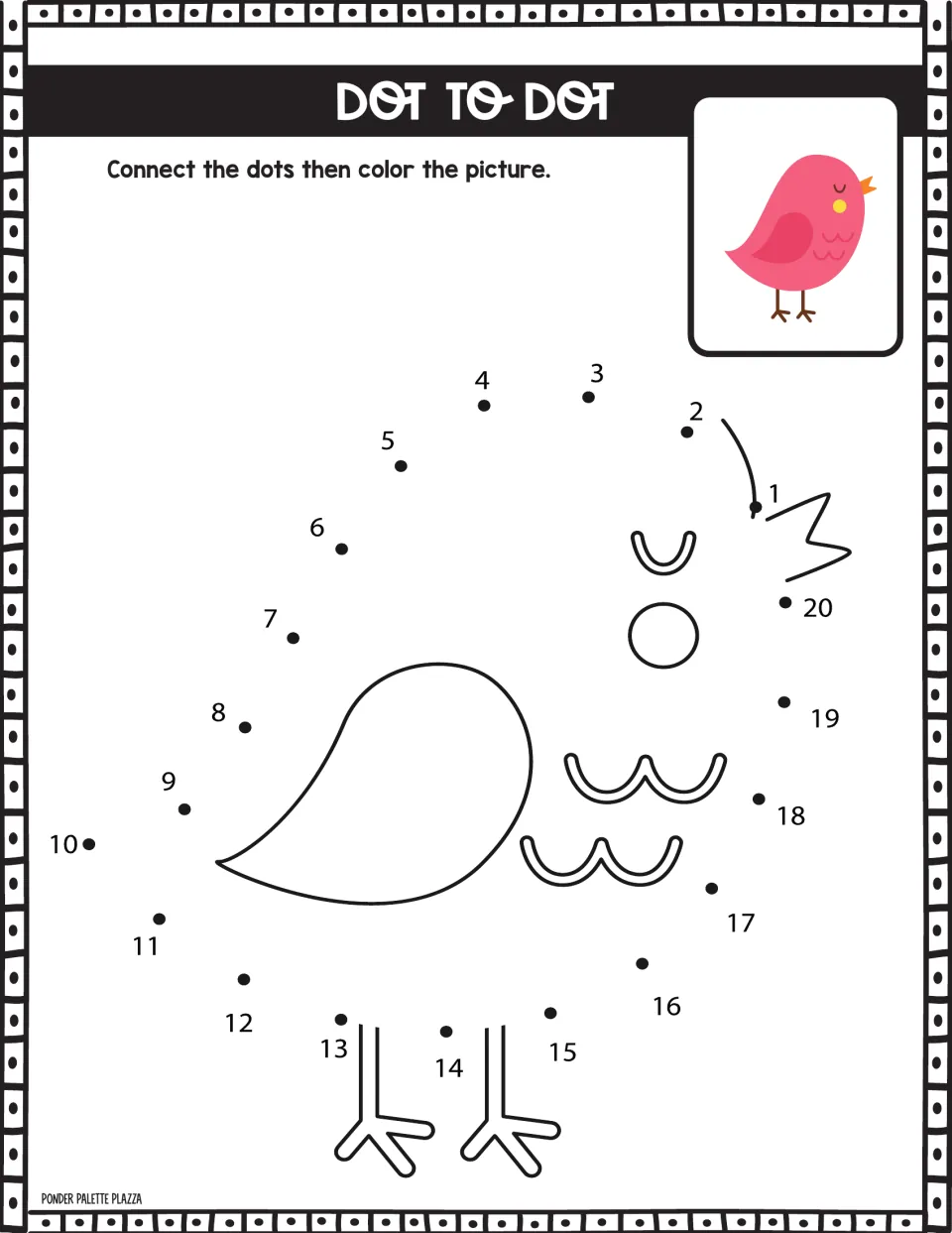 Bird dot to dot: students connect dots 1 to 20 to outline a little bird with wing and feet, then color it pink